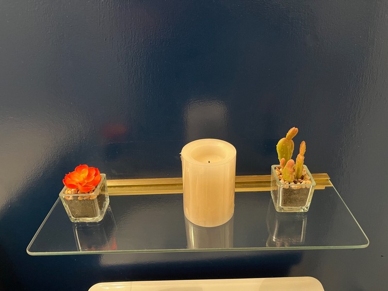 SET of FIVE (5) FLOATING TEMPORED GLASS SHELVES with BRASS BRACKET • 18" x 6.25"