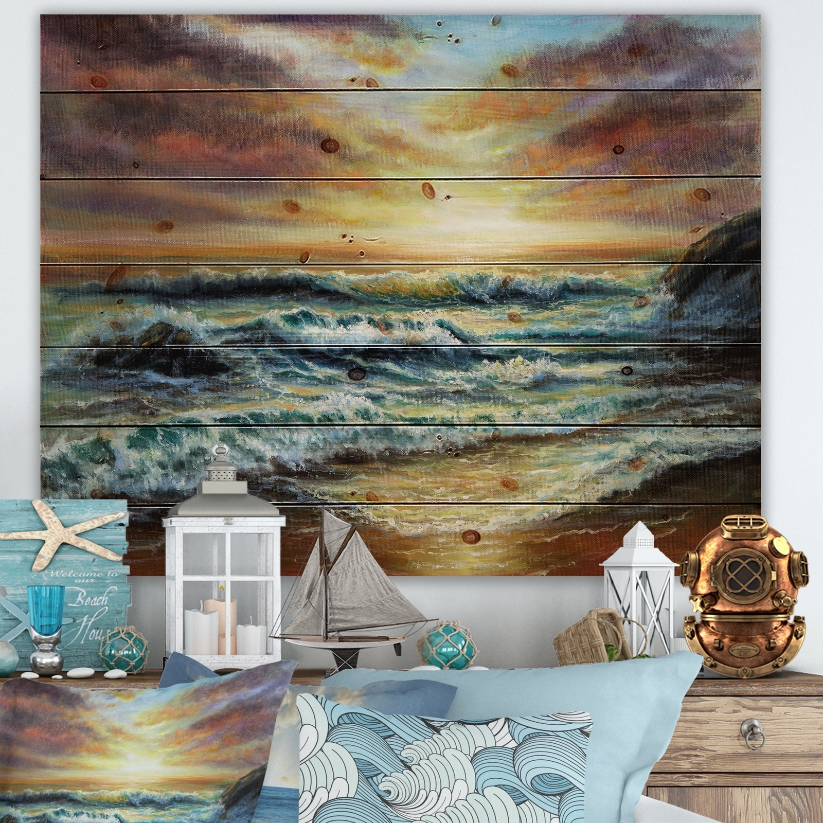 Designart 'Magnificent Sunset Over Blue Wild Wave Ocean'