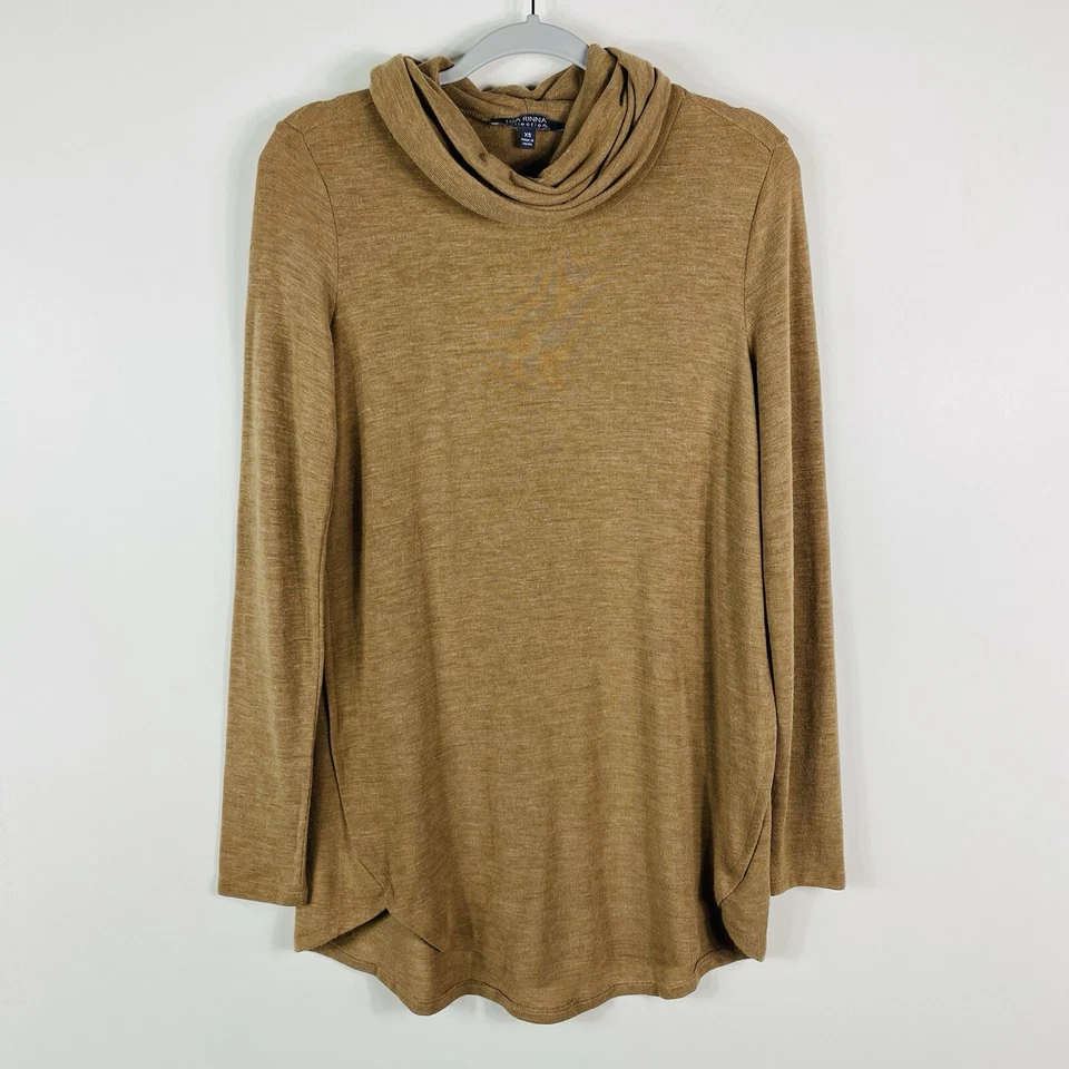 Túnica Suéter Cuello Capucha Colección Lisa Rinna Talla XS Con Dobladillo Alto Bajo Tostado Camel Foto 2 de 4