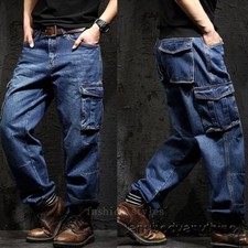 Men Loose Straight Leg Trousers Jeans Retro Cargo Work Denim Long Pants
