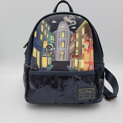 LOUNGEFLY X Harry Potter Backpack Bag Gray Diagon Alley Sequin Faux Leather 