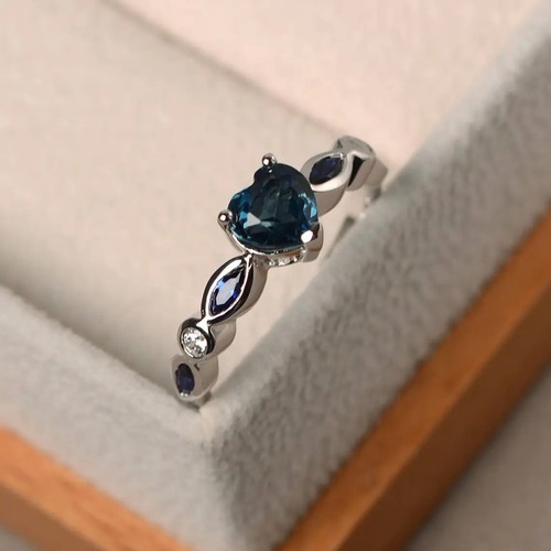 2 Ct Heart Shape Blue Diamond Solitaire Engagement Ring 14K White Gold Finish - Picture 2 of 7