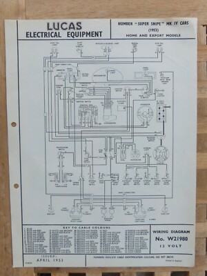 Original LUCAS Humber Super Snipe MK 1V Wiring Diagram 1953 W21980