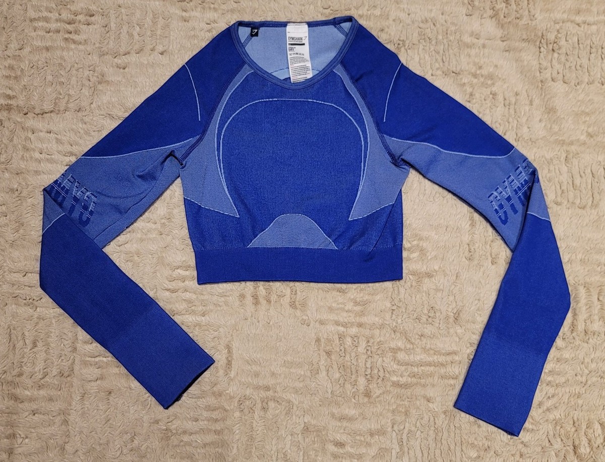 Gymshark Turbo Seamless Crop Top Blue Long Back Cut Out Women’s Sleeve Size  XS
