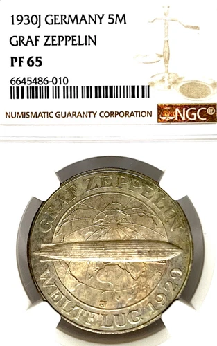 Germany Weimar Republic 1930J 5 Mark ZEPPELIN Taler NGC PF 65 PP PROOF RARE