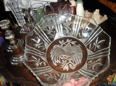 GROSSE VINTAGE GLASSCHALE PARADIESVOGEL MITTELSCHLIFF OPTIK AUSSEN SPITZER RAND 11 ZOLL