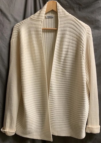Cream Merino Wool Mix Ribbed Knit L - XL Ribbed Open Long Sleeved Cardigan Top - Picture 13 of 18