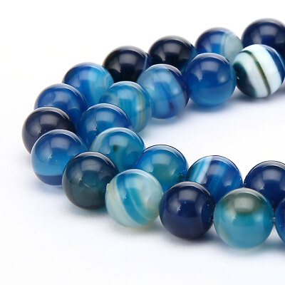 Blue Stripe Agate Smooth Round Beads 6mm 8mm 10mm 12mm 15.5'' Strand