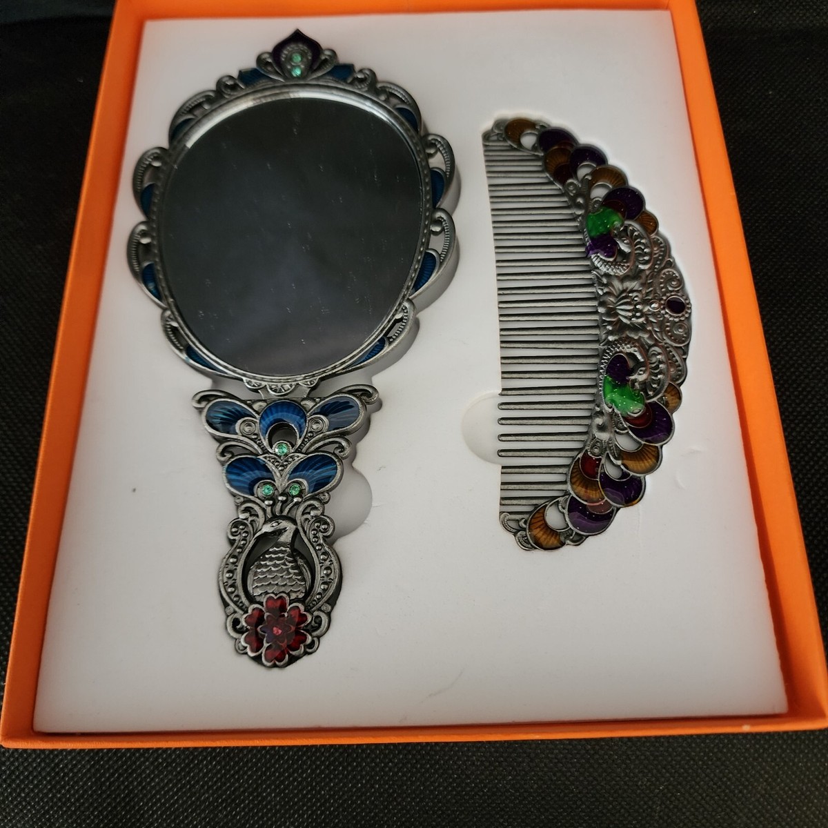 Vintage Maniya Mirror & Comb Box Set with Enameled Peacock Design
