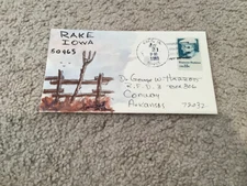 1980 RAKE Iowa: Signed FOLK ART WATERCOLOR Postal Cover GEORGE HARROD