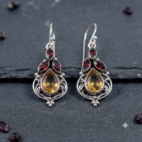 Natual Citrine and Garnet Dangle Earrings, Sterling Silver Filigree Jewelry