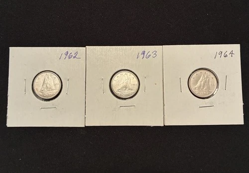 Lot 3 Canada Silver Dimes 1962 1963 1964 Bluenose .800 Fine Canadian Coins