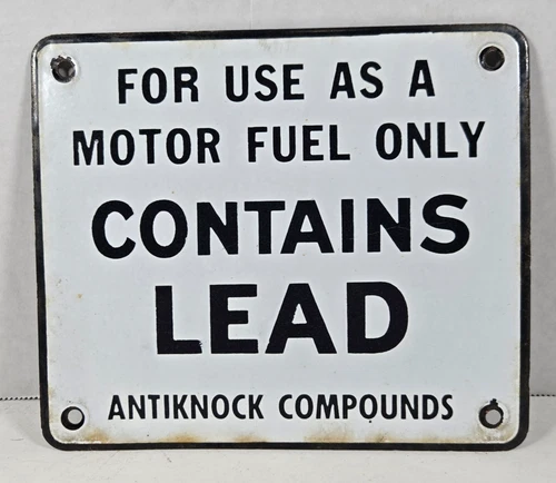 Vintage Gas Pump Sign Contains Lead Porcelain Sign Gasoline Petroleum 6" x 7"