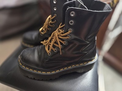 Dr. Martens Black Leather Combat Boots Lace-Up Yellow 