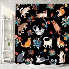 Cute Cat Shower Curtain With Hooks 72x72 Inch Black Floral Funny Bathroom