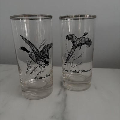 Vintage Federal Sportsman Silver Wild Fowl Pheasant Duck  Highball Glass Set 2