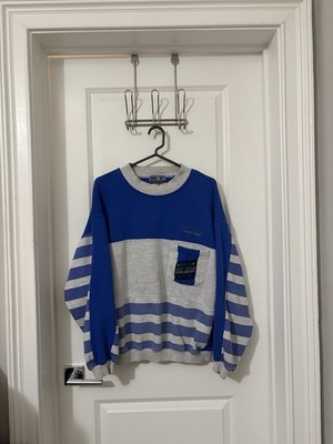 Vintage 90s Y2K Blue And Grey Striped Bugle Boy Crewneck Size Large Pocket
