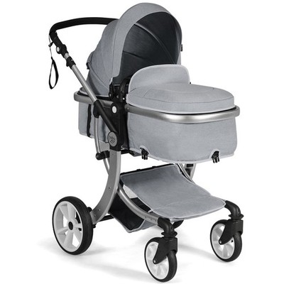 Folding Aluminum Infant Bassinet Reversible Baby Stroller with Diaper Bag Gray