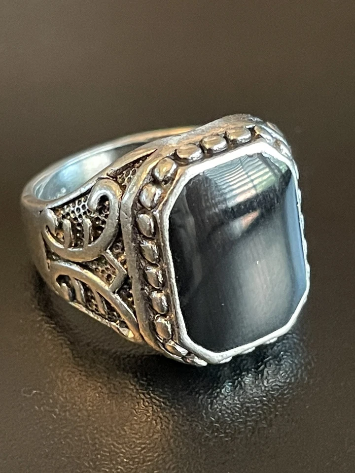 Шестиугольный черный обсидиан драгоценный камень S925 серебро покрытием мужчин женщин кольцо размер 9 - Изображение 2 из 4