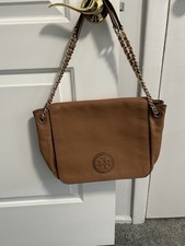 Tory Burch Tan Pebbled Leather Shoulder Bag Gold Chain Embossed Logo Adjustable