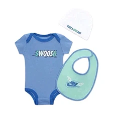 Nike Swoosh 3 Piece Baby Outfit Set Blue Green Bodysuit, Hat & Bib 0-6month 