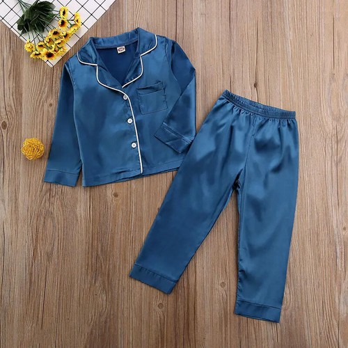 Kids Girls Boys Silk Pyjamas Long Sleeve Satin PJs Sets Nightwear Sleepwear - Picture 17 of 31