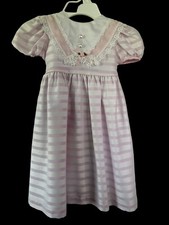 Vintage 4T Pink White Dress Formal Fancy Easter Wedding Stripe Short Sleeve