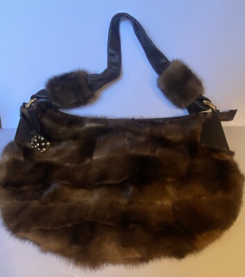falor leather handbag made in italy Soft Leather Mink Fur Shoulder Bag Brown 
