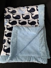 KOALA Baby Whale Baby Blanket Throw Plush Velour Sherpa Ribbed Blue Navy White
