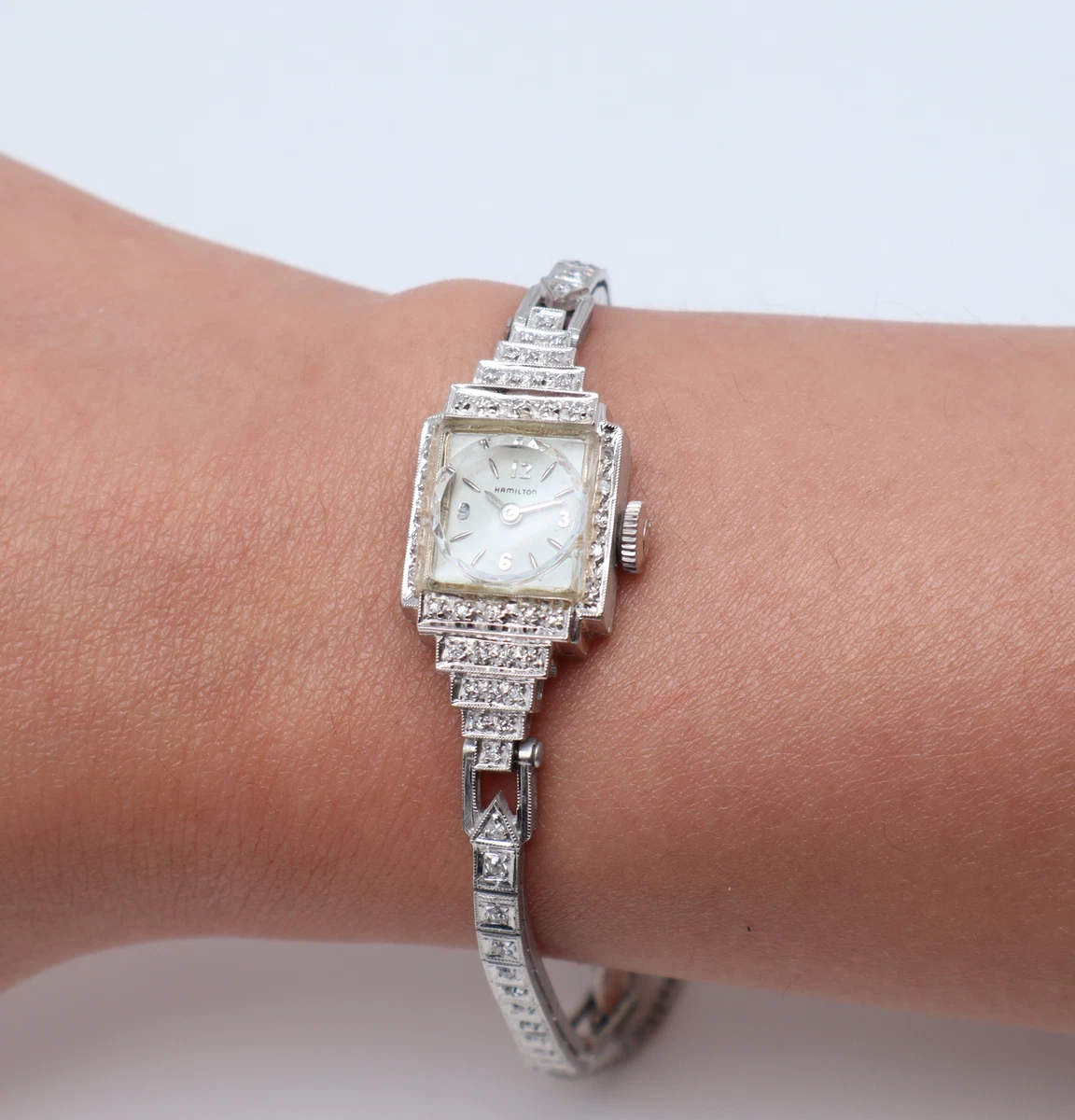 Vintage Hamilton 14K White Gold Diamonds Mechanical Ladies Watch