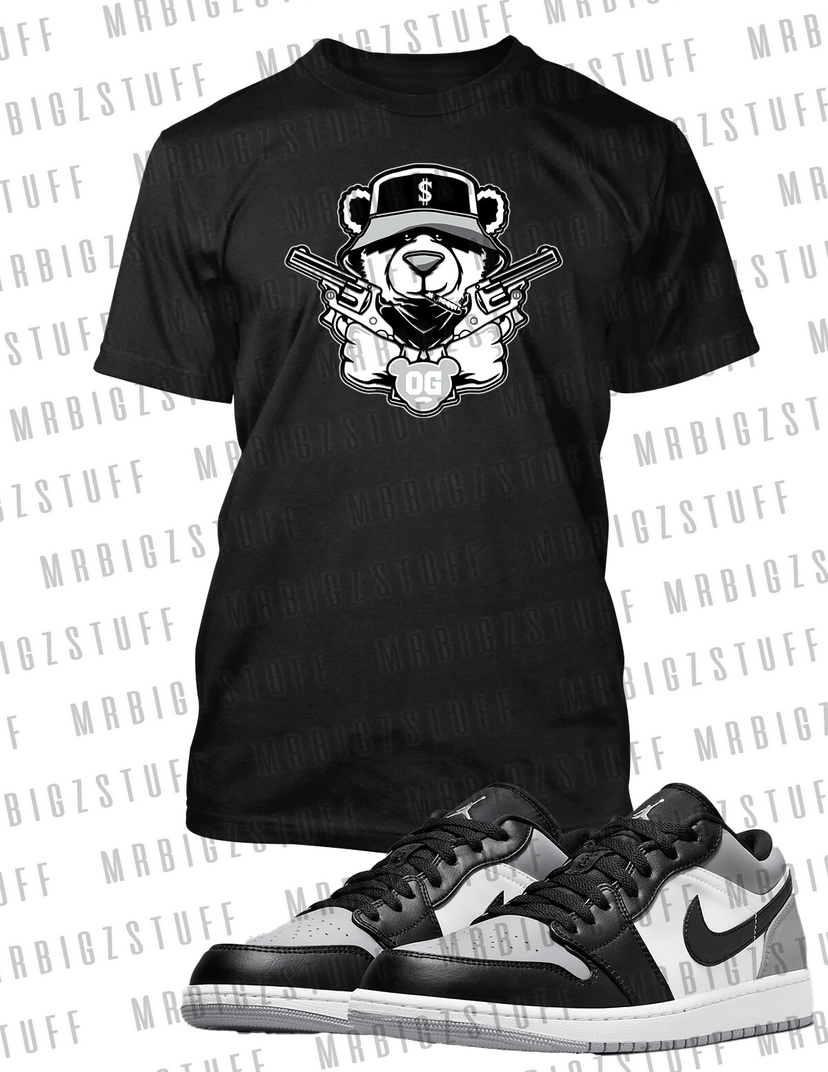 Graphic OG Bear Gun Sneaker Tee Shirt J1 Low Smoke Gray Pro Club