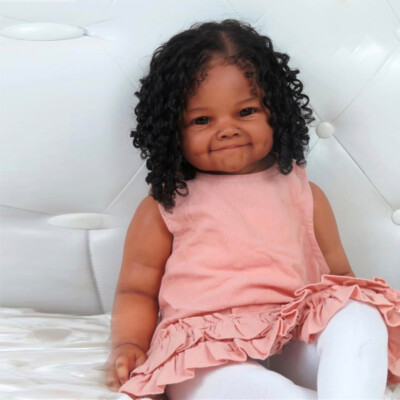 28'' Painted Toddler Girl Dark Skin Reborn Baby Doll Curly Hair Cloth Body Gift