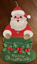 VTG Completed Bucilla Felt Sequined Jolly Santa Clause Wall Hanging Christmas