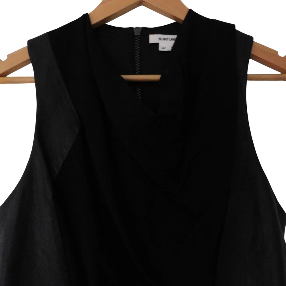 Helmut Lang Dress Black Leather Trim Wool Blend Cowl Neck Sleeveless Size 6 Y2K - Image 2 of 4