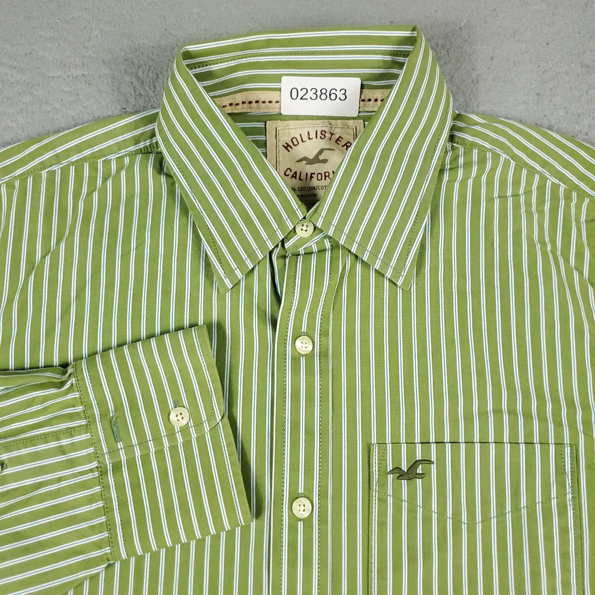 Hollister Shirt Mens Large Green Striped Casual Button Up Long Sleeve *