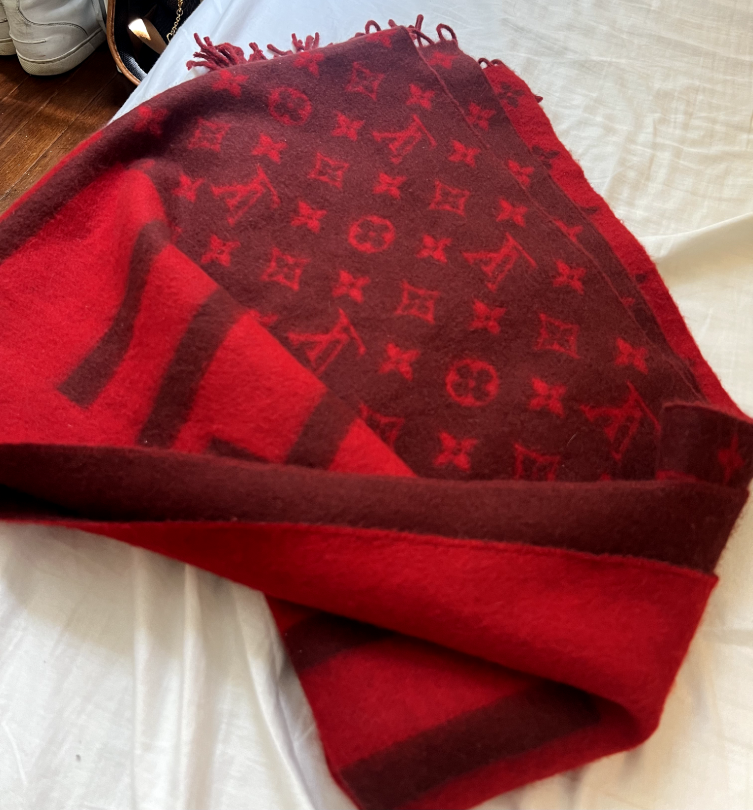 Louis Vuitton Red Monogram Cashmere Scarf M76018 Luxury Warm Soft