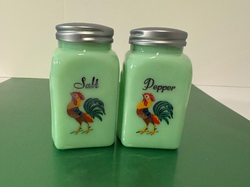 Jadeite Green Glass Arch Salt & Pepper Set Colorful Rooster & Chicken - Picture 6 of 11