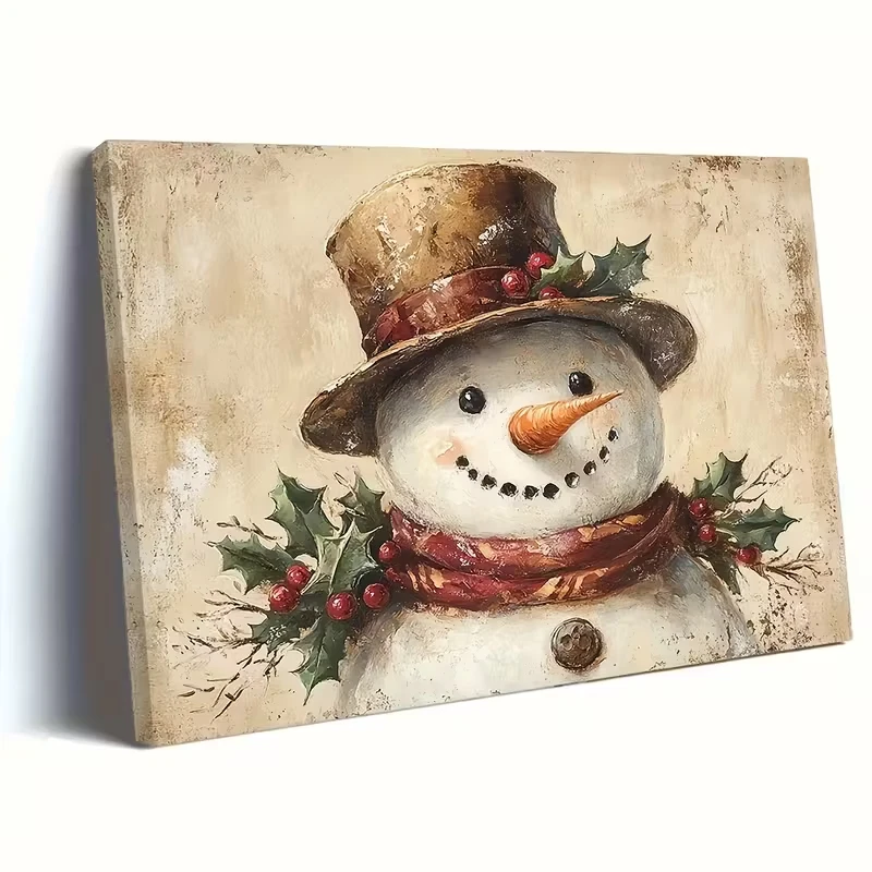 Vintage Christmas Snowman Canvas Wall Art, Rustic Winter Holiday Artwork - Image 3 of 4