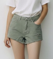 Shein Distressed Green Denim Cutoff Shorts Raw Hem Women's Size S