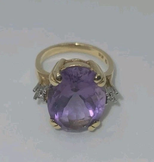 Anel de coquetel ouro amarelo 10K 10 quilates ametista e diamante tamanho 7 declaração  - Imagem 3 de 4