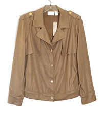 NWT 149 Chico s Foiled Perforated Jacket, Beige, Snap Closures, Sz. 1 M 8/10