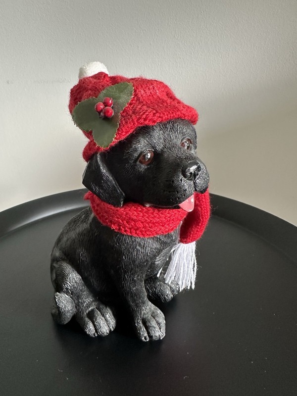 Black Lab Retriever Dog Figurine w/ Red Knit Hat & Scarf, Winter/Christmas