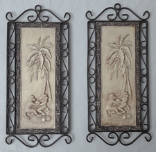 Par De Colección de Monjes Blancos y Palmeras en Pizarra con Metal Trabajo-Arte de Pared