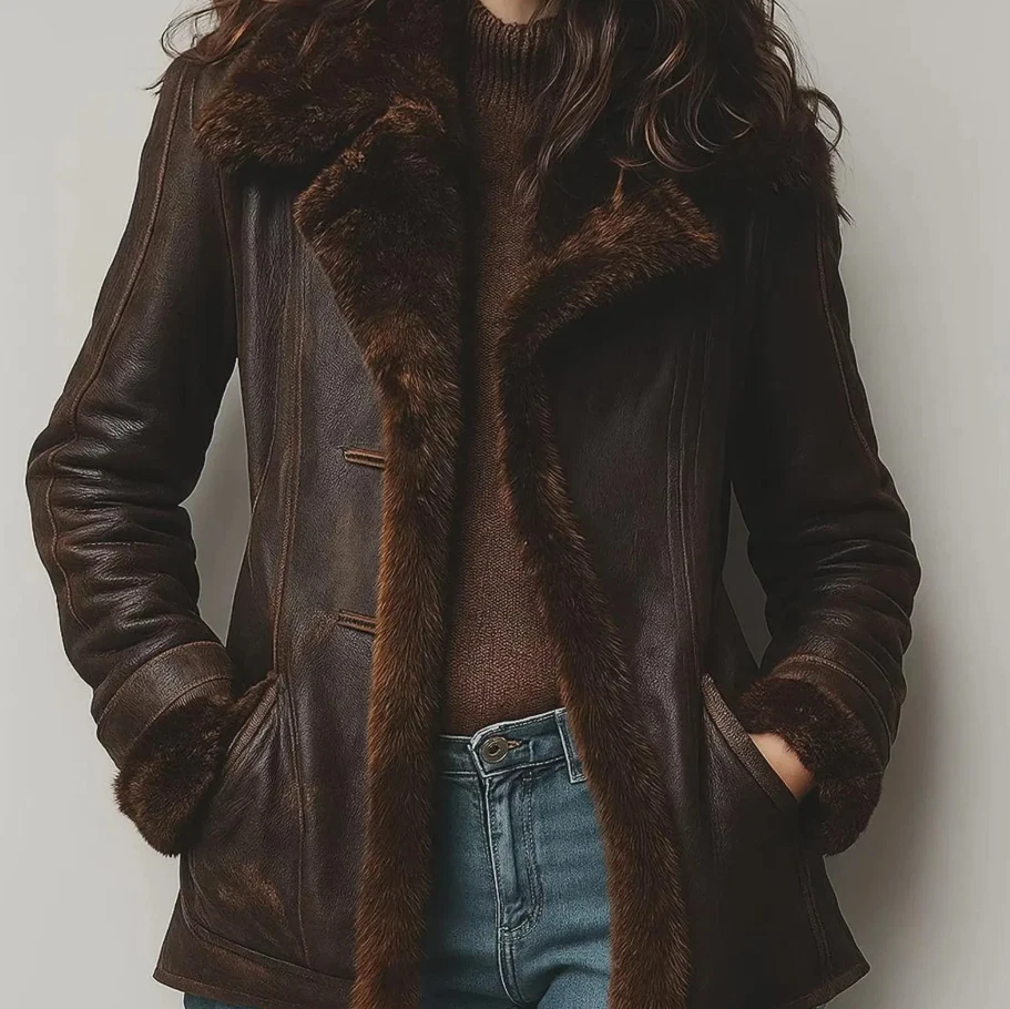 Женская стриженный мех кожаное пальто - винтажный коричневый овчины куртка с меховой подкладкой - Изображение 4 из 4