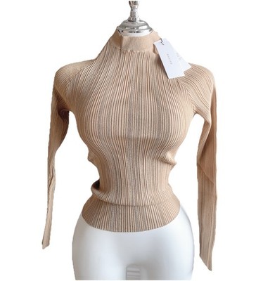 SHEIKE Ribbed Knit Turtleneck Top Beige Latte Fitted S NWT