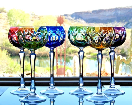SET OF SIX Cut to Clear 8 ½" Crystal Goblets (Germany) each different color