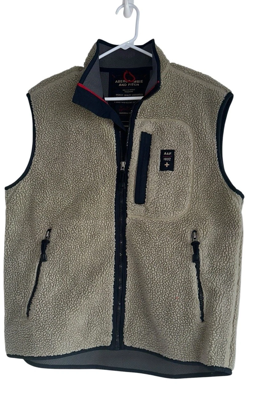 Abercrombie & Fitch Vest Mens M Tan Sherpa Fleece Zip Pockets Outerwear Y2K