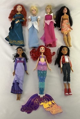 Disney Princess Doll Lot 7 Merida Cinderella Aurora Ariel Pocahontas Raya Mulan