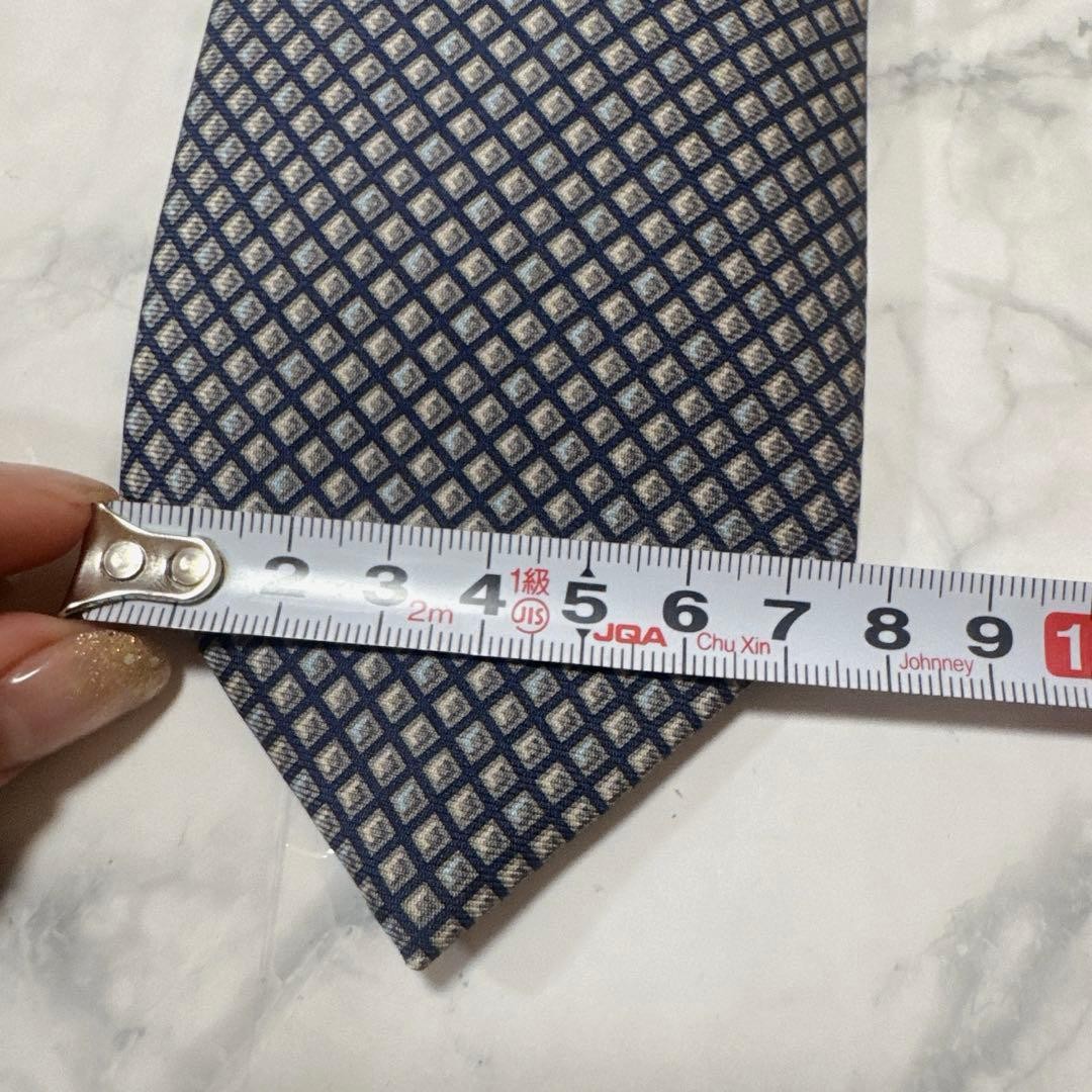 Hermes Necktie Navy Gray Square Pattern Near Used… - image 11
