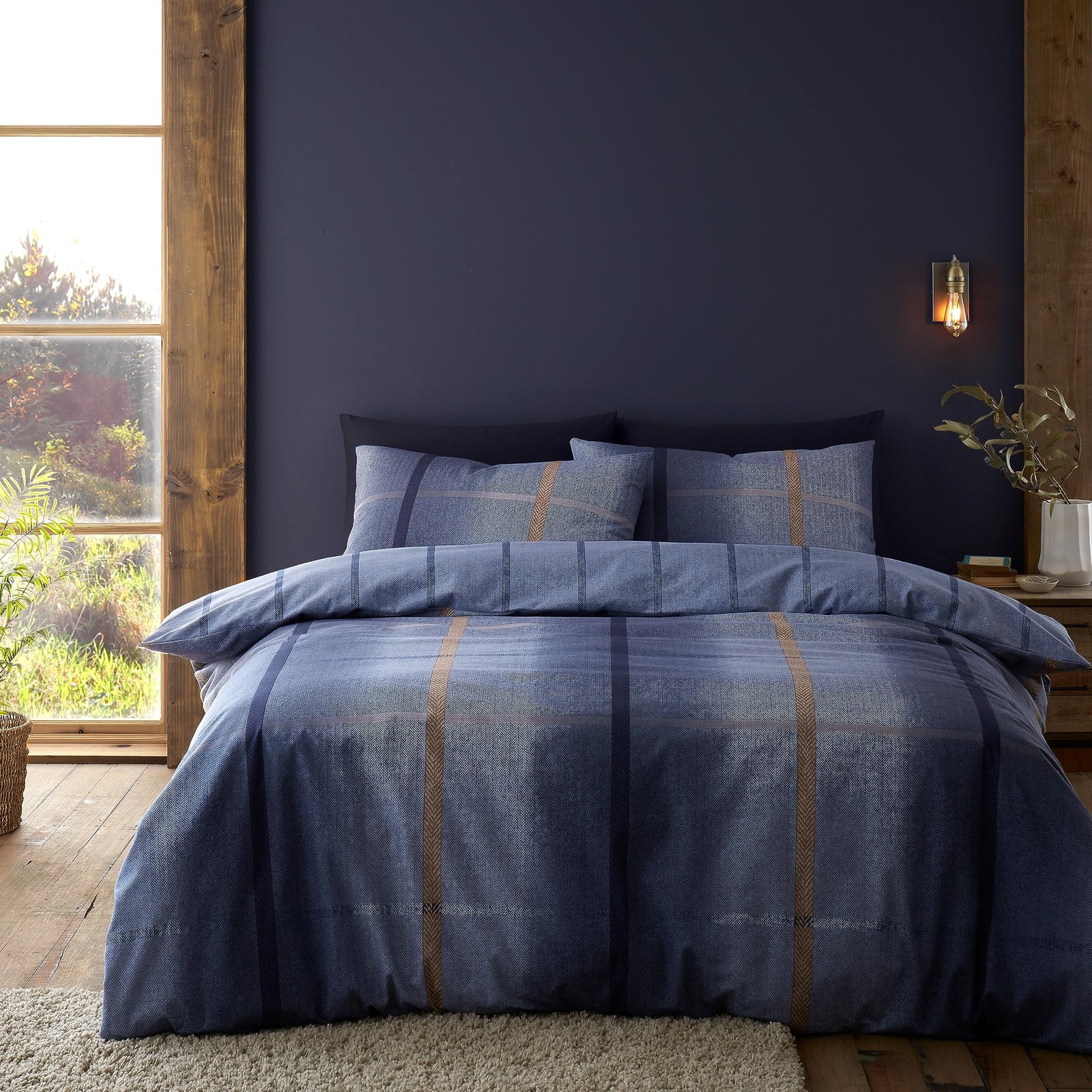 Catherine Lansfield Unisex Blue Melrose Tweed Check 100% Brushed Cotton Duvet Cover Set In | Size: Double - Image 2